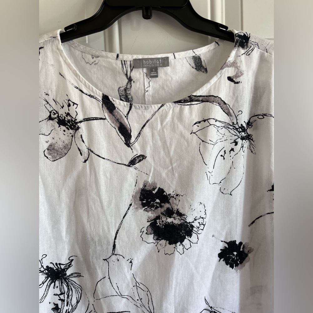 Habitat Linen Blend Floral Swing Shirt Women’s S White Black Floral Lagenlook - Picture 2 of 8